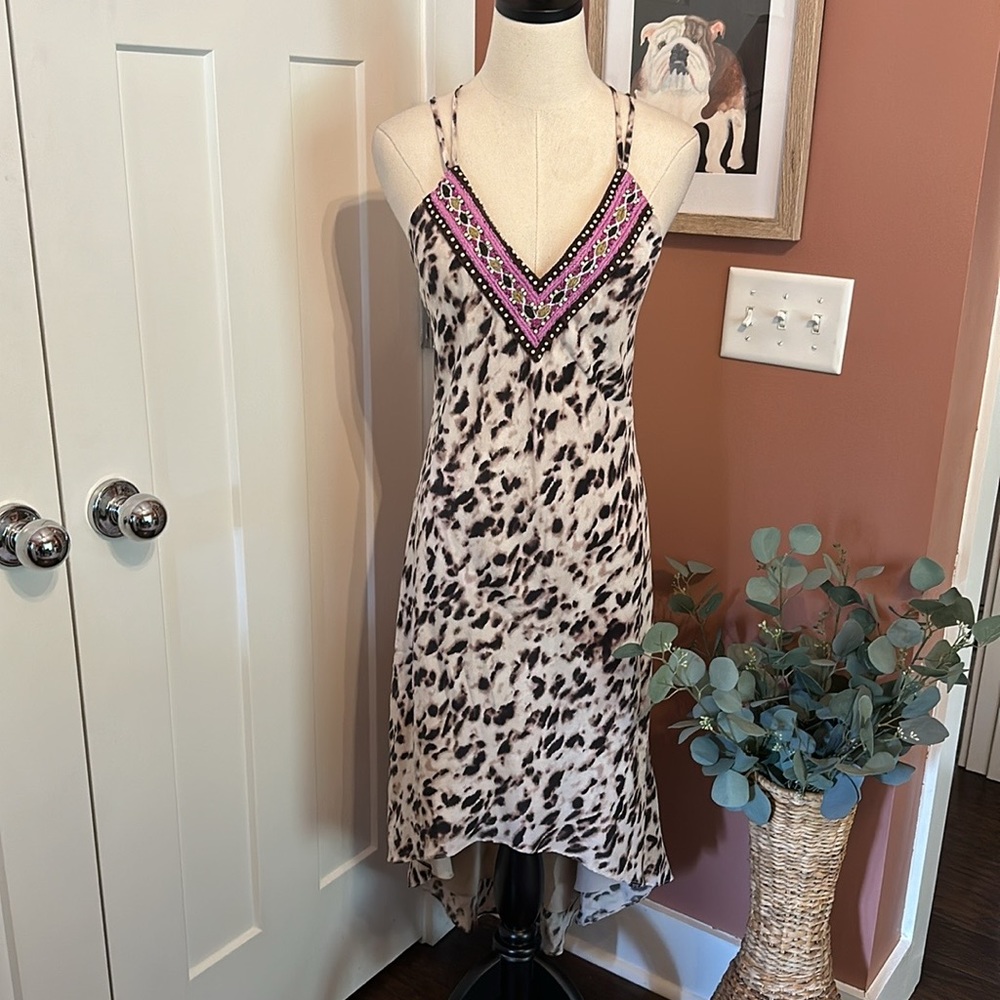 Haute Hippie leopard print embroidered vneck 100% silk crisscross S midi dress - Picture 4 of 16